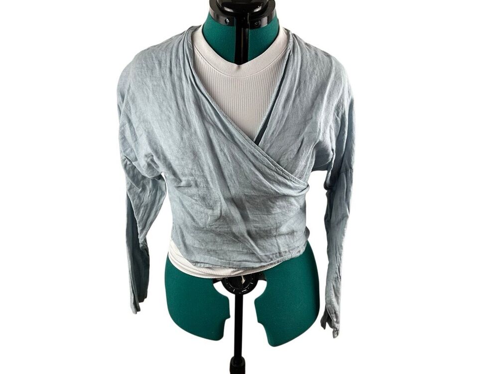 Scandal Linen Blue Wrap Blouse- size S